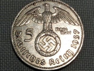 Third Reich Nazi Wwii Hitler Silver 1937 A Berlin 5 Reichs Mark Swastika