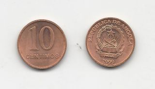 Angola,  10 Centimos 1999 Km 93 Unc Copper Plated Steel