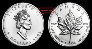 1993 Canadian Maple Leaf 1 Oz.  Silver Coin.  9999 Pure Fine Silver Bullion - Unc