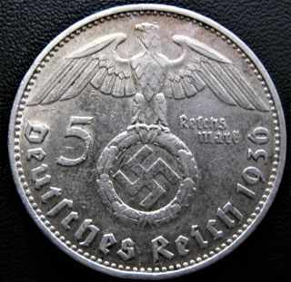 Xrare 1936j 5 Mark German Big 90 Silver Nazi Swastika Germany 3rd Reich Ww Coin