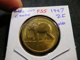F55 Belgian Congo 1947 2 Francs Elephant Unc