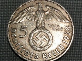 Third Reich Nazi Wwii Hitler Silver 1938 D Munich 5 Reichs Mark Swastika
