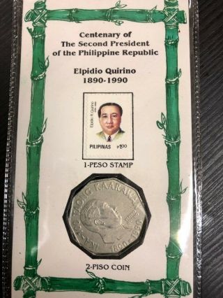 2 Philippines Piso Centenary Coin Elpidio Quirino With Stamp