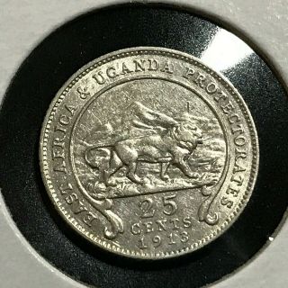 1913 East Africa & Uganda Silver Lion 25 Cents Coin