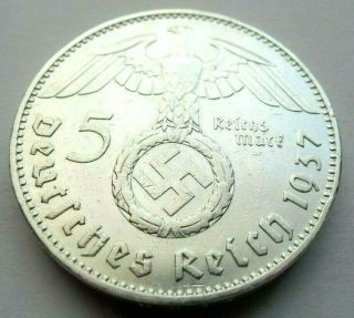 (609) Rare Wwii German 5 Mark - 1937 J - 90 Silver - Coin Big Swastika