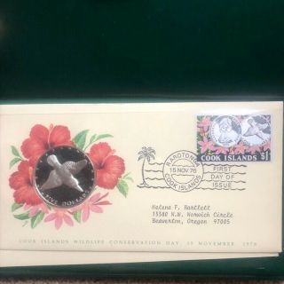 Cook Island 1976 Wildlife Conservation First Day Cover $5 Silver Proof,  $1 Stamp