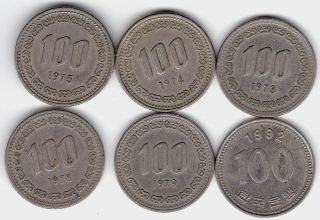 Korea South 100 Won Six Coins 1973,  1974,  1975,  1978,  1979,  1992