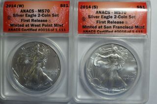 2014 W Anacs Ms70 Silver Eagle First Release Set Of 2 San Fran (s) (w) 0016