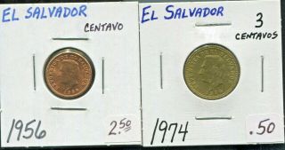 El Salvador - Two Great Historical Coins: 1956,  Centavo & 1974,  3 Centavos