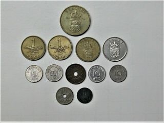 1952 Denmark 2 Kroner 1942 1 Krone 1934 10 Ore 1929 2 Ore 1 Ore 12 Danish Coins