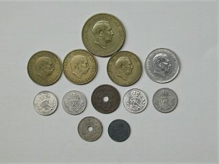 1952 Denmark 2 Kroner 1942 1 Krone 1934 10 Ore 1929 2 Ore 1 Ore 12 Danish Coins 2