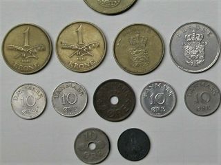 1952 Denmark 2 Kroner 1942 1 Krone 1934 10 Ore 1929 2 Ore 1 Ore 12 Danish Coins 3