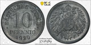1920 Germany Zinc 10 Pfennig Pcgs Ms64