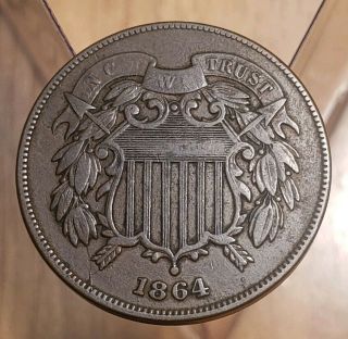 1864 Civil War Era 2 Cent Piece Large Motto - - Clogged Die On Reverse