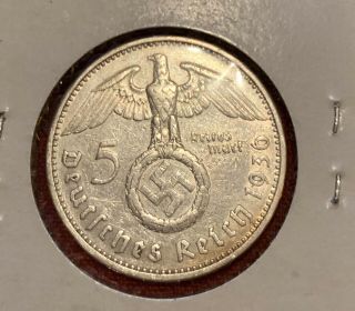 1936a 5 Mark German Big 90 Silver Nazi Swastika Germany 3rd Reich Ww Coin
