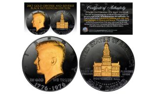 1976 Black Ruthenium Bicentennial Jfk Half Dollar W/ 24k Gold Features 2 - Sided