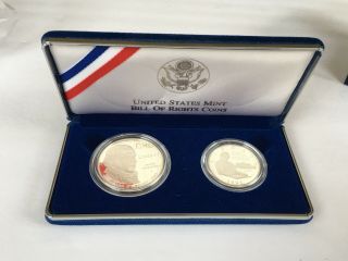 1993 Bill Of Rights Commemorative Silver $1 And $0.  50,  2 Coin Proof Set.  W/box