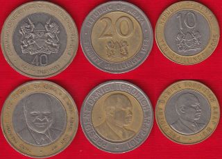 Kenya Set Of 3 Coins: 10 - 40 Shillings 1994 - 2005 Bimetallic