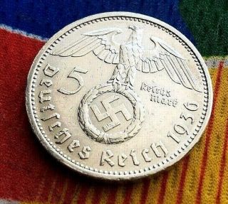 1936 A 5 Mark German Ww2 Silver Coin Third Reich Reichsmark
