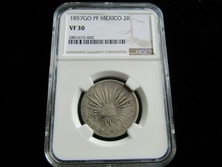 1857 Go Pf Mexico 2 Reales Silver Coin Certified Ngc Vf 30