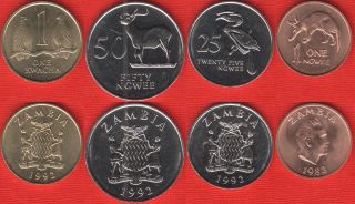 Zambia Set Of 4 Coins: 1 Ngwee - 1 Kwacha 1983 - 1992 Unc