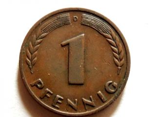 1950 - D German One (1) Pfennig Coin