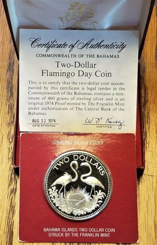1974 Bahamas Two Dollars Sterling Silver Proof Flamingo Coin - Franklin