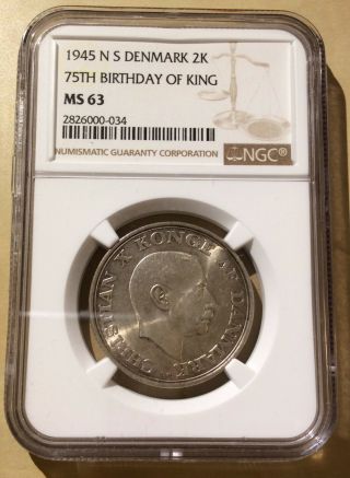 1945 N S Denmark 2 Kroner NGC MS 63 - 75th Birthday of King - Silver 2