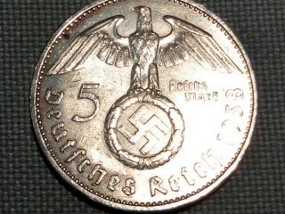 Third Reich Nazi Wwii Hitler Silver 1938 A Berlin 5 Reichs Mark Swastika