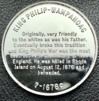Native American Indian Leader King Philip - Wampanoag W/COA.  925 Silver Coin (1090) 2