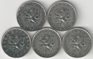 5 - 1 Koruna Coins From The Czech Republic (1993,  1994,  1995,  1996 & 1997)