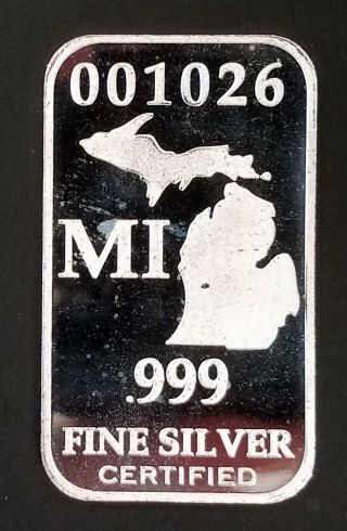U.  S.  State Michigan Full Troy Oz.  0.  999 Fine Silver Bar Mi 001026