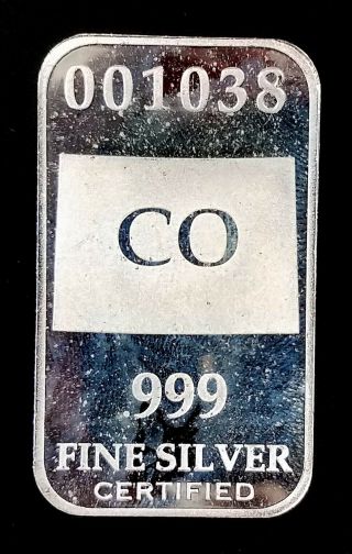 U.  S.  State Colorado Full Troy Oz.  0.  999 Fine Silver Bar Co 001038