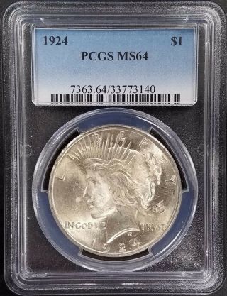 1924 Silver Peace Dollar Certified Ms 64 By Pcgs