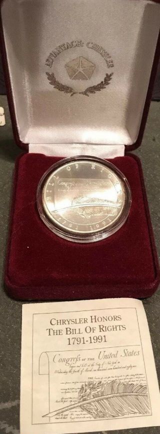 1991 Chrysler Honors The Bill Of Rights 1oz.  Silver Round W/ Case