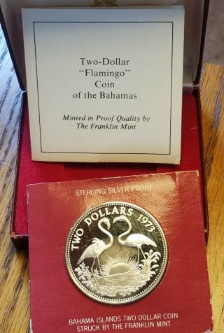 1973 Bahamas Two Dollars Sterling Silver Proof Flamingo Coin - Franklin