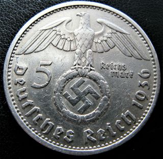 Xrare 1936a 5 Mark German Big 90 Silver Nazi Swastika Germany 3rd Reich Ww Coin