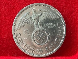 German Nazi Silver Coin 1939 A 5 Reichsmark.  900 Silver Big Swastika
