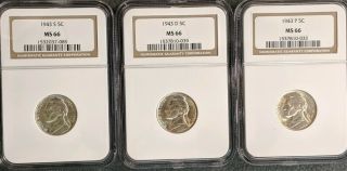 1943 P D And S Jefferson War Nickels 3 Coins Ngc Ms66