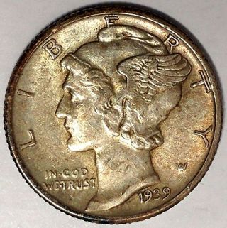 1939 - P 10c Mercury Dime 17lca1510 Au 90 Silver " Only 50 Cents For " 1