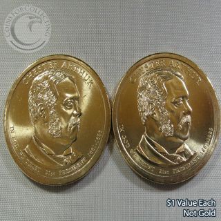 2012 P&d " Chester Arthur " $1 Presidential Dollar Out Of Rolls - 2 Coins