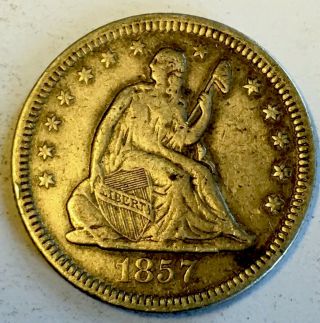1857 - P - Seated Liberty Quarter - 9.  6 Million Mintage - 90 Silver -