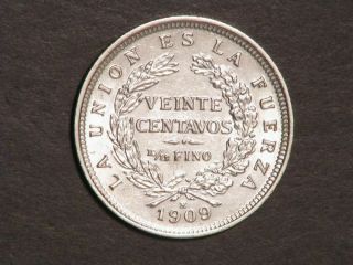 Bolivia 1909h 20 Centavos Silver Bu