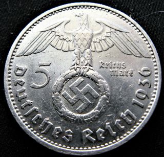 Xrare 1936f 5 Mark German Big 90 Silver Nazi Swastika Germany 3rd Reich Ww Coin