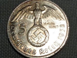 Third Reich Nazi Wwii Hitler Silver 1938 F Stuttgart 5 Reichs Mark Swastika