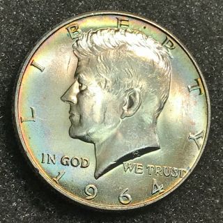 1964 Silver Kennedy Half Dollar Bu Uncirculated Rainbow Toning Edges Both Sides