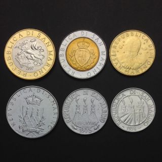[S - 3] San Marino Island set of 6 coins,  10 50 100 200 500 1000 Lire,  real,  UNC 2