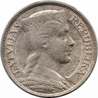 1932 Latvia 5 Lati Silver Crown Au; Scarce