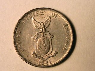 1941 (m) Philippines 10 Cents Ch Bu Toned Scarce Date Wwii Silver Coin