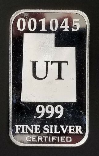 U.  S.  State Utah Full Troy Oz.  0.  999 Fine Silver Bar Ut 001045
